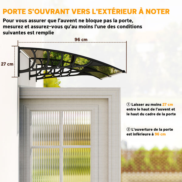 Auvent de porte d'entrée, toit marquise de porte exterieur en polycarbonate et aluminium résistante toit abri protection contre la pluie et UV pour terrasse, balcon, 200 x 96 cm, marron
