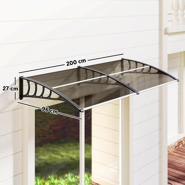 Auvent de porte d'entrée, toit marquise de porte exterieur en polycarbonate et aluminium résistante toit abri protection contre la pluie et UV pour terrasse, balcon, 200 x 96 cm, marron