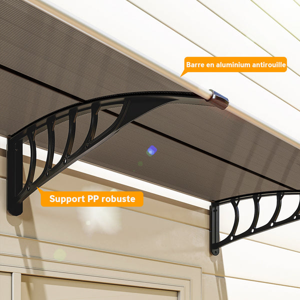 Auvent de porte d'entrée, toit marquise de porte exterieur en polycarbonate et aluminium résistante toit abri protection contre la pluie et UV pour terrasse, balcon, 200 x 96 cm, marron