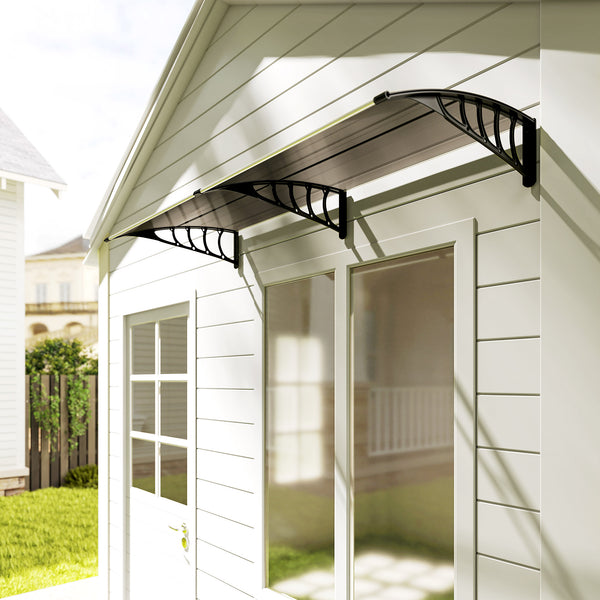 Auvent de porte d'entrée, toit marquise de porte exterieur en polycarbonate et aluminium résistante toit abri protection contre la pluie et UV pour terrasse, balcon, 200 x 96 cm, marron