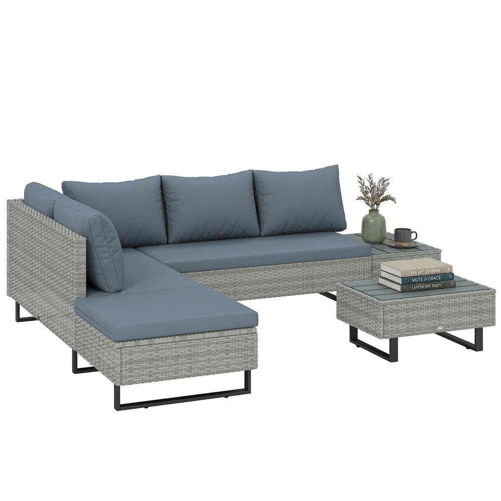 Salon de Jardin d'Angle 5 Places en Résine Tressée - Canapé Extérieur Modulable avec Méridienne Réglable - Ensemble Mobilier de Terrasse avec Table en Composite, Gris