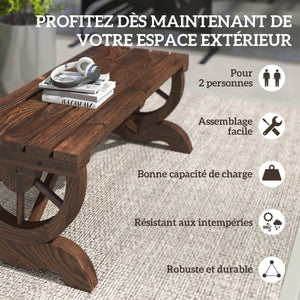 Banc de jardin banc en bois avec siège à lattes, roue décorative, banquette de jardin 2 places structure renforcée stable, banquette extérieure patio terrasse balcon arrière-cour, marron