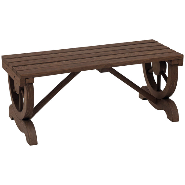 Banc de jardin banc en bois avec siège à lattes, roue décorative, banquette de jardin 2 places structure renforcée stable, banquette extérieure patio terrasse balcon arrière-cour, marron