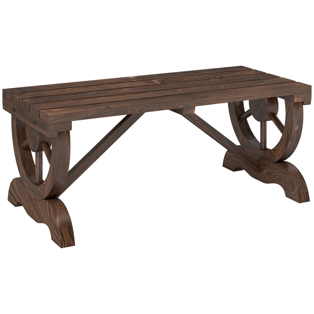 Banc de jardin banc en bois avec siège à lattes, roue décorative, banquette de jardin 2 places structure renforcée stable, banquette extérieure patio terrasse balcon arrière-cour, marron