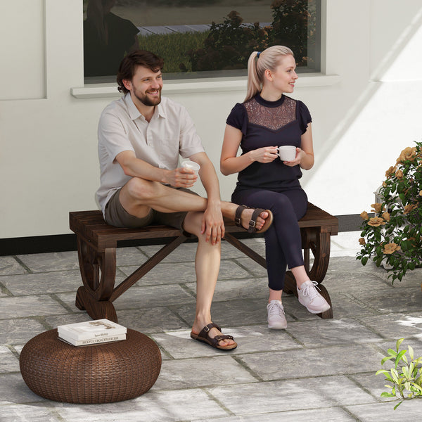 Banc de jardin banc en bois avec siège à lattes, roue décorative, banquette de jardin 2 places structure renforcée stable, banquette extérieure patio terrasse balcon arrière-cour, marron
