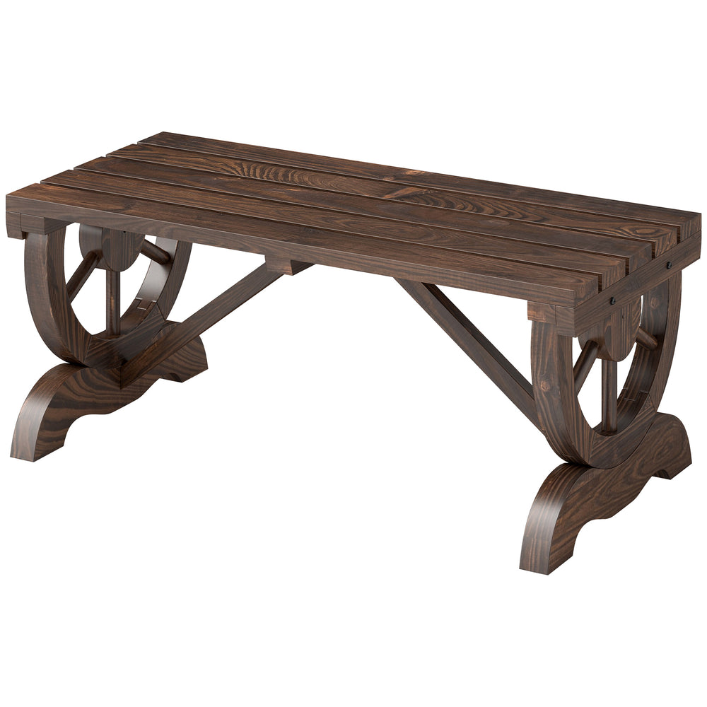Banc de jardin banc en bois avec siège à lattes, roue décorative, banquette de jardin 2 places structure renforcée stable, banquette extérieure patio terrasse balcon arrière-cour, marron