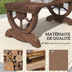 Banc de jardin banc en bois avec siège à lattes, roue décorative, banquette de jardin 2 places structure renforcée stable, banquette extérieure patio terrasse balcon arrière-cour, marron
