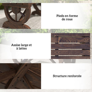 Banc de jardin banc en bois avec siège à lattes, roue décorative, banquette de jardin 2 places structure renforcée stable, banquette extérieure patio terrasse balcon arrière-cour, marron