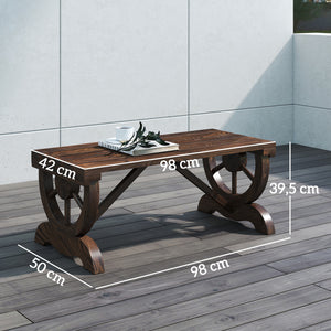Banc de jardin banc en bois avec siège à lattes, roue décorative, banquette de jardin 2 places structure renforcée stable, banquette extérieure patio terrasse balcon arrière-cour, marron