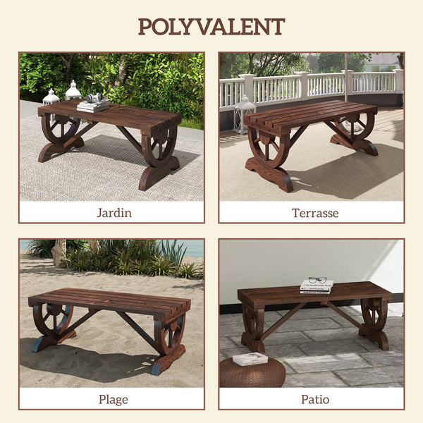 Banc de jardin banc en bois avec siège à lattes, roue décorative, banquette de jardin 2 places structure renforcée stable, banquette extérieure patio terrasse balcon arrière-cour, marron