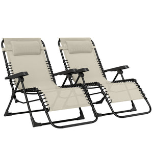 Lot de 2 bain de soleil, chaise longue pliante avec appuie-tête en textilène, transat jardin extérieur inclinable de plage camping piscine terrasse, 90 x 65 x 112 cm, beige