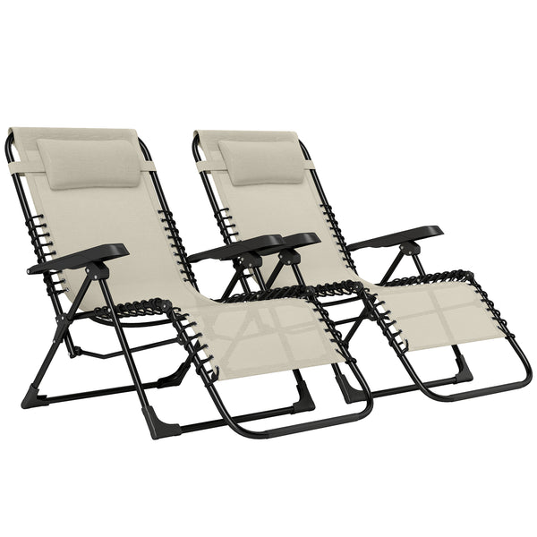Lot de 2 bain de soleil, chaise longue pliante avec appuie-tête en textilène, transat jardin extérieur inclinable de plage camping piscine terrasse, 90 x 65 x 112 cm, beige