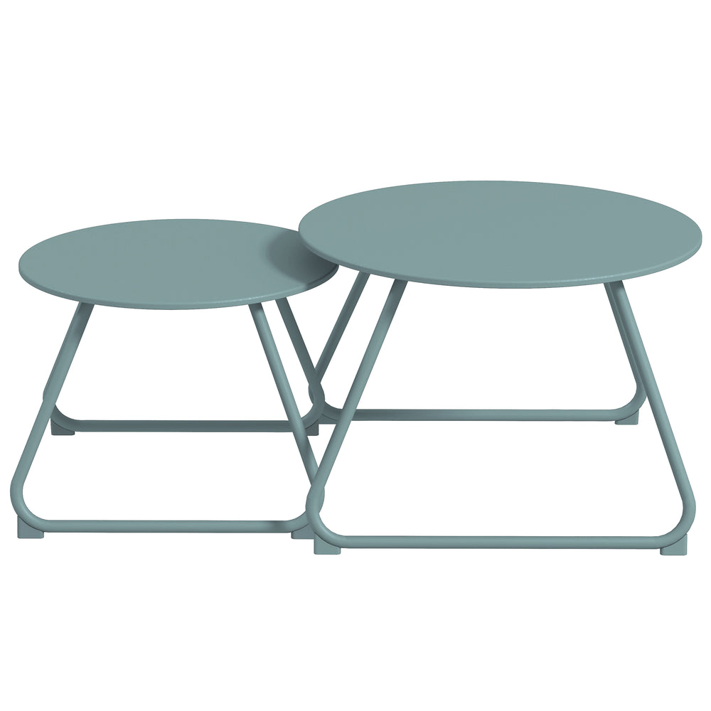 Lot de 2 tables basses rondes gigognes empilables de Jardin métal époxy, Table d'Appoint Stable pour extérieur Ø60 et Ø48 cm, bleu