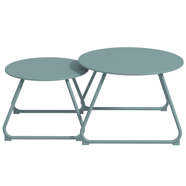 Lot de 2 tables basses rondes gigognes empilables de Jardin métal époxy, Table d'Appoint Stable pour extérieur Ø60 et Ø48 cm, bleu