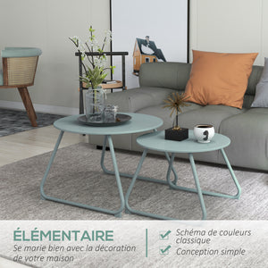 Lot de 2 tables basses rondes gigognes empilables de Jardin métal époxy, Table d'Appoint Stable pour extérieur Ø60 et Ø48 cm, bleu