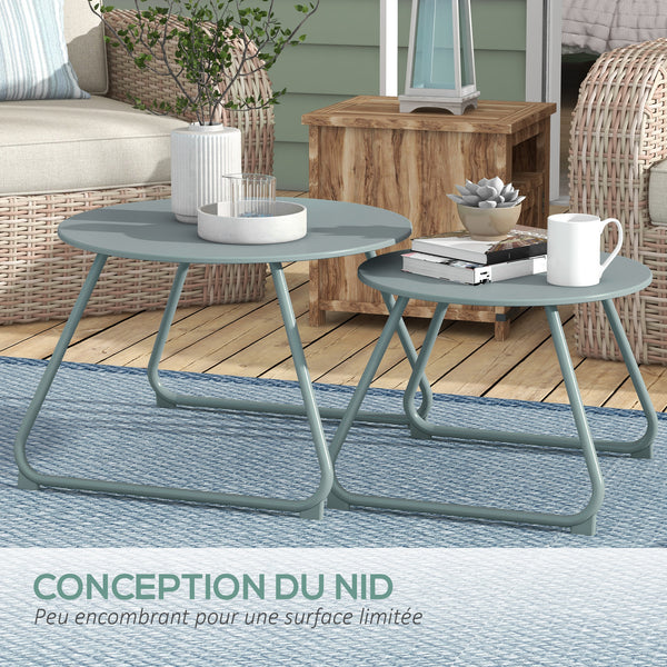 Lot de 2 tables basses rondes gigognes empilables de Jardin métal époxy, Table d'Appoint Stable pour extérieur Ø60 et Ø48 cm, bleu
