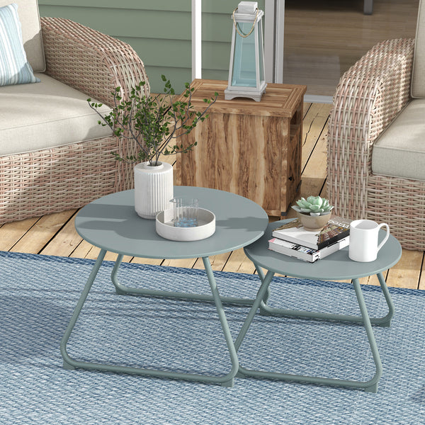 Lot de 2 tables basses rondes gigognes empilables de Jardin métal époxy, Table d'Appoint Stable pour extérieur Ø60 et Ø48 cm, bleu