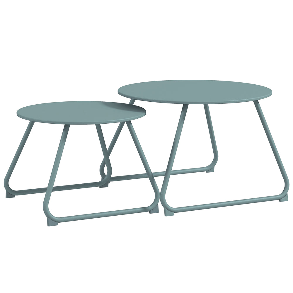 Lot de 2 tables basses rondes gigognes empilables de Jardin métal époxy, Table d'Appoint Stable pour extérieur Ø60 et Ø48 cm, bleu