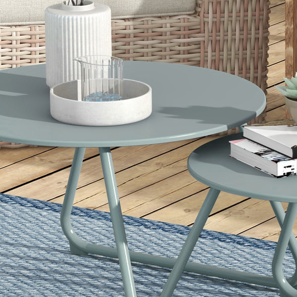 Lot de 2 tables basses rondes gigognes empilables de Jardin métal époxy, Table d'Appoint Stable pour extérieur Ø60 et Ø48 cm, bleu