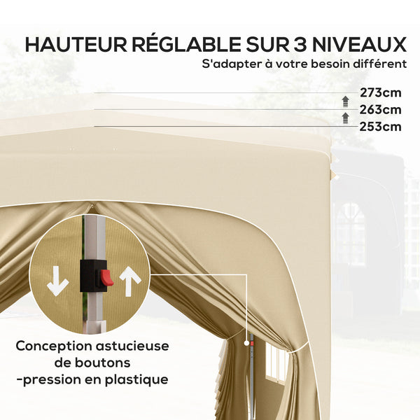 Tonnelle de jardin exterieur 3 x 3 m, tonnelle pliante pop up, hauteur réglable, sac de transport inclus, protection UPF50+, barnum pliant pour camping, festival, patio, sable