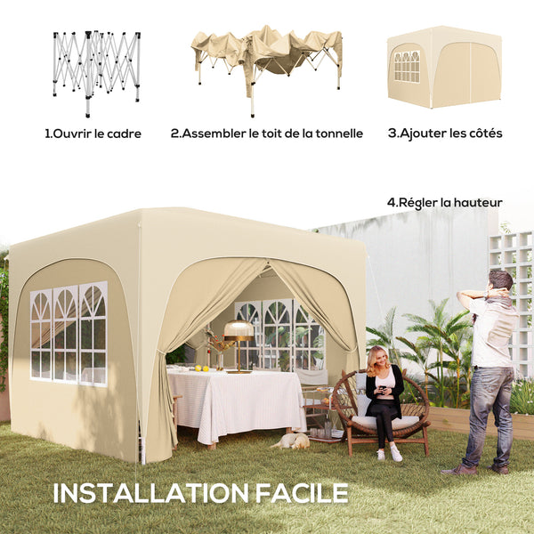 Tonnelle de jardin exterieur 3 x 3 m, tonnelle pliante pop up, hauteur réglable, sac de transport inclus, protection UPF50+, barnum pliant pour camping, festival, patio, sable