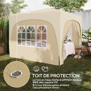 Tonnelle de jardin exterieur 3 x 3 m, tonnelle pliante pop up, hauteur réglable, sac de transport inclus, protection UPF50+, barnum pliant pour camping, festival, patio, sable