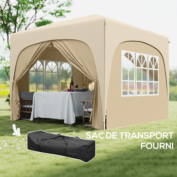 Tonnelle de jardin exterieur 3 x 3 m, tonnelle pliante pop up, hauteur réglable, sac de transport inclus, protection UPF50+, barnum pliant pour camping, festival, patio, sable