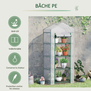Serre de jardin PE avec étagères 4 niveaux, serre de balcon, bâche renforcée 140 /m², châssis en acier, porte zippée enroulable, pour légumes plantes, intérieur extérieur, 70x50x160cm, blanc