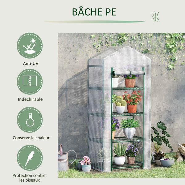 Serre de jardin PE avec étagères 4 niveaux, serre de balcon, bâche renforcée 140 /m², châssis en acier, porte zippée enroulable, pour légumes plantes, intérieur extérieur, 70x50x160cm, blanc
