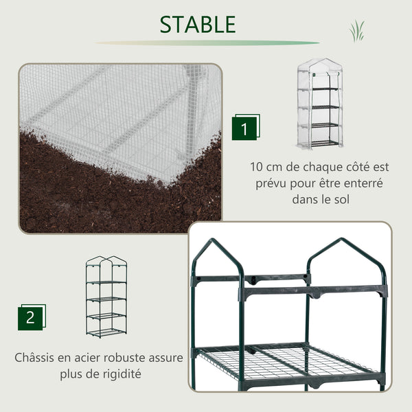 Serre de jardin PE avec étagères 4 niveaux, serre de balcon, bâche renforcée 140 /m², châssis en acier, porte zippée enroulable, pour légumes plantes, intérieur extérieur, 70x50x160cm, blanc