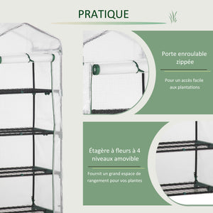 Serre de jardin PE avec étagères 4 niveaux, serre de balcon, bâche renforcée 140 /m², châssis en acier, porte zippée enroulable, pour légumes plantes, intérieur extérieur, 70x50x160cm, blanc