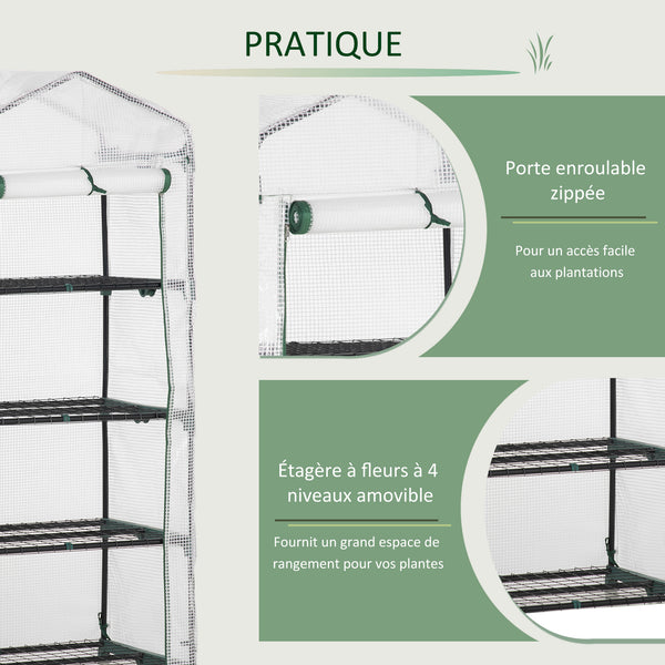 Serre de jardin PE avec étagères 4 niveaux, serre de balcon, bâche renforcée 140 /m², châssis en acier, porte zippée enroulable, pour légumes plantes, intérieur extérieur, 70x50x160cm, blanc