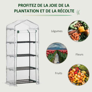 Serre de jardin PE avec étagères 4 niveaux, serre de balcon, bâche renforcée 140 /m², châssis en acier, porte zippée enroulable, pour légumes plantes, intérieur extérieur, 70x50x160cm, blanc