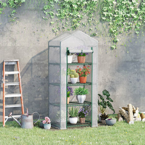 Serre de jardin PE avec étagères 4 niveaux, serre de balcon, bâche renforcée 140 /m², châssis en acier, porte zippée enroulable, pour légumes plantes, intérieur extérieur, 70x50x160cm, blanc