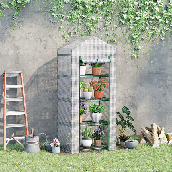 Serre de jardin PE avec étagères 4 niveaux, serre de balcon, bâche renforcée 140 /m², châssis en acier, porte zippée enroulable, pour légumes plantes, intérieur extérieur, 70x50x160cm, blanc