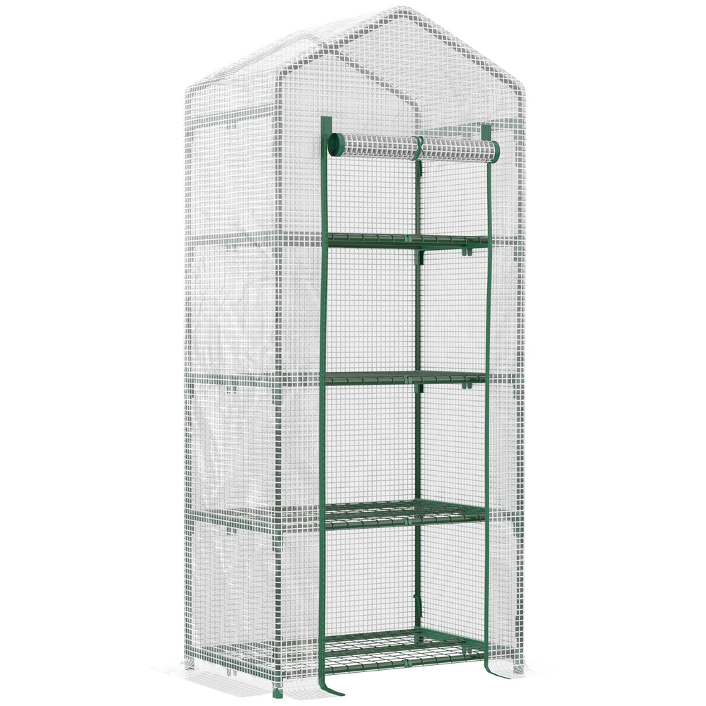 Serre de jardin PE avec étagères 4 niveaux, serre de balcon, bâche renforcée 140 /m², châssis en acier, porte zippée enroulable, pour légumes plantes, intérieur extérieur, 70x50x160cm, blanc