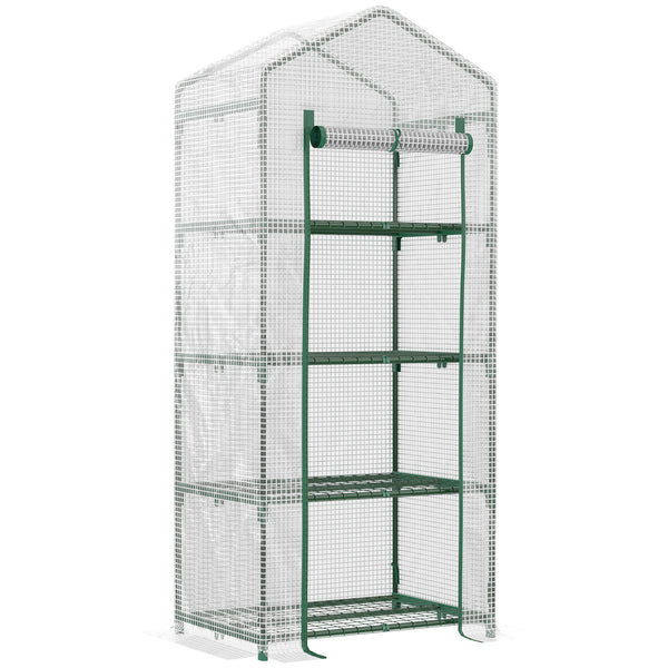 Serre de jardin PE avec étagères 4 niveaux, serre de balcon, bâche renforcée 140 /m², châssis en acier, porte zippée enroulable, pour légumes plantes, intérieur extérieur, 70x50x160cm, blanc