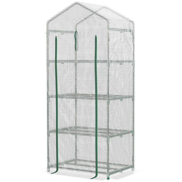 Serre de jardin PE avec étagères 4 niveaux, serre de balcon, bâche renforcée 140 /m², châssis en acier, porte zippée enroulable, pour légumes plantes, intérieur extérieur, 70x50x160cm, blanc
