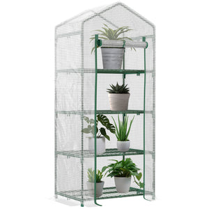 Serre de jardin PE avec étagères 4 niveaux, serre de balcon, bâche renforcée 140 /m², châssis en acier, porte zippée enroulable, pour légumes plantes, intérieur extérieur, 70x50x160cm, blanc