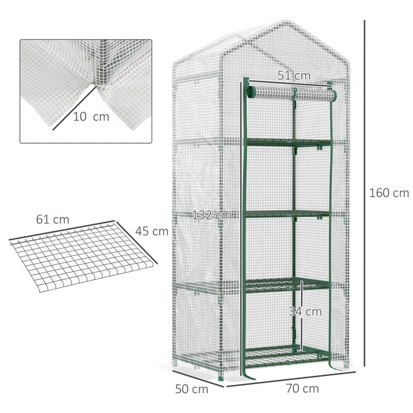 Serre de jardin PE avec étagères 4 niveaux, serre de balcon, bâche renforcée 140 /m², châssis en acier, porte zippée enroulable, pour légumes plantes, intérieur extérieur, 70x50x160cm, blanc