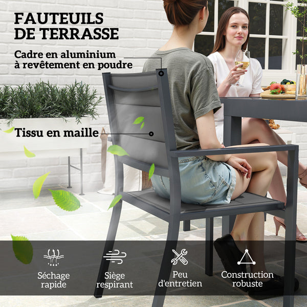 Salon de jardin extérieur en aluminium et textilène table extensible 4 chaises empilables - 4 personnes - dim. table 80/160L x 80l x 75H cm gris