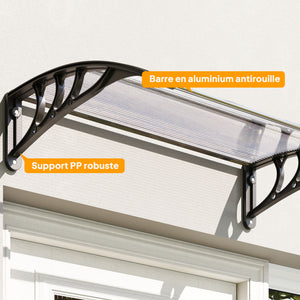 Auvent de porte d'entrée, toit marquise de porte exterieur en polycarbonate et aluminium résistante toit abri protection contre la pluie et UV pour terrasse, balcon, 100 x 75 cm, transparent
