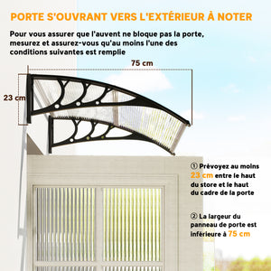 Auvent de porte d'entrée, toit marquise de porte exterieur en polycarbonate et aluminium résistante toit abri protection contre la pluie et UV pour terrasse, balcon, 100 x 75 cm, transparent