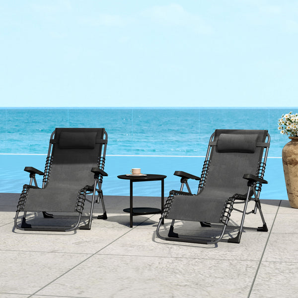 Lot de 2 bain de soleil, chaise longue pliante avec appuie-tête en textilène, transat jardin extérieur inclinable de plage camping piscine terrasse, 90 x 65 x 112 cm, noir