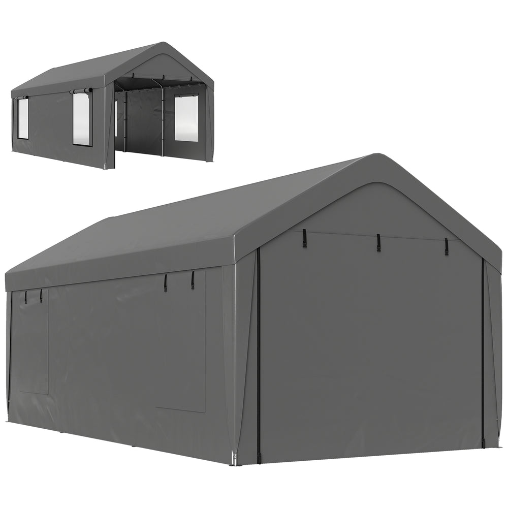 Carport tente de garage 3 x 6 m abri voiture extérieur tente de stockage avec parois latérales amovibles, 2 portes enroulables et 4 fenêtres, carport pour voiture, camion, bateau, gris foncé
