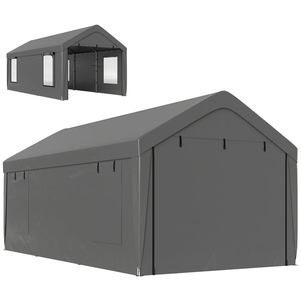 Carport tente de garage 3 x 6 m abri voiture extérieur tente de stockage avec parois latérales amovibles, 2 portes enroulables et 4 fenêtres, carport pour voiture, camion, bateau, gris foncé
