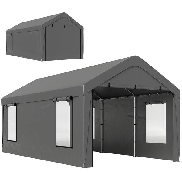 Carport tente de garage 3 x 6 m abri voiture extérieur tente de stockage avec parois latérales amovibles, 2 portes enroulables et 4 fenêtres, carport pour voiture, camion, bateau, gris foncé