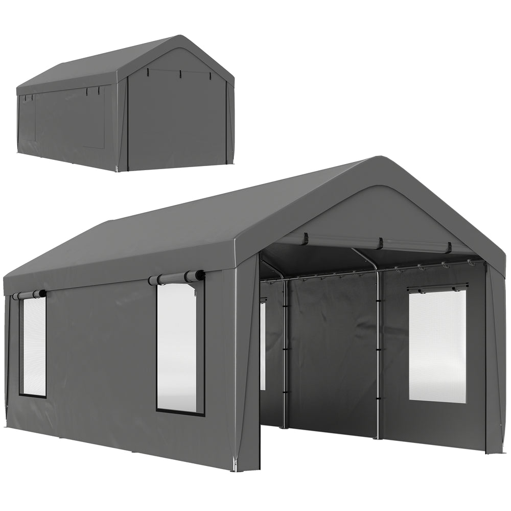 Carport tente de garage 3 x 6 m abri voiture extérieur tente de stockage avec parois latérales amovibles, 2 portes enroulables et 4 fenêtres, carport pour voiture, camion, bateau, gris foncé