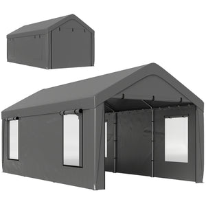 Carport tente de garage 3 x 6 m abri voiture extérieur tente de stockage avec parois latérales amovibles, 2 portes enroulables et 4 fenêtres, carport pour voiture, camion, bateau, gris foncé