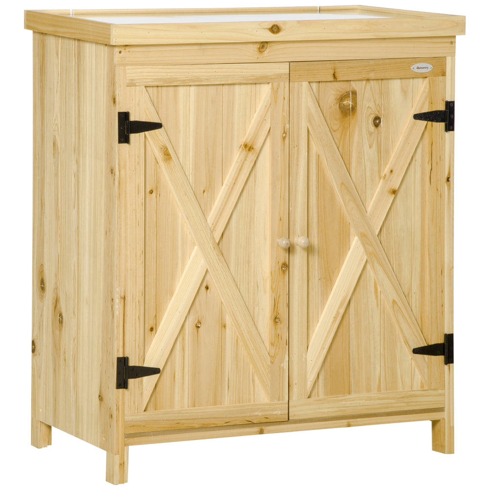 Armoire de jardin, armoire de rangement de jardin, avec plateau en métal galvanisé étagère double porte avec poignée pieds surélevés en bois massif 80 x 45 x 92 cm bois naturel